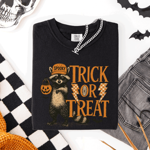 Trick or Treat Raccoon Halloween Mischief With Skeletons Ghosts Cats And Pumpkins Comfort Colors Tee — view 4