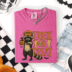 Trick or Treat Raccoon Halloween Mischief With Skeletons Ghosts Cats And Pumpkins Comfort Colors Tee — view 5