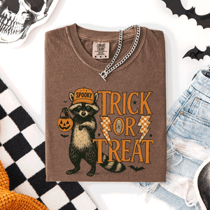 Trick or Treat Raccoon Halloween Mischief With Skeletons Ghosts Cats And Pumpkins Comfort Colors Tee — view 6