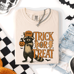 Trick or Treat Raccoon Halloween Mischief With Skeletons Ghosts Cats And Pumpkins Comfort Colors Tee — view 2