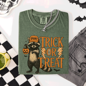 Trick or Treat Raccoon Halloween Mischief With Skeletons Ghosts Cats And Pumpkins Comfort Colors Tee — view 3