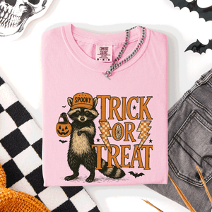 Trick or Treat Raccoon Halloween Mischief With Skeletons Ghosts Cats And Pumpkins Comfort Colors Tee — view 7