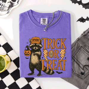 Trick or Treat Raccoon Halloween Mischief With Skeletons Ghosts Cats And Pumpkins Comfort Colors Tee — view 8