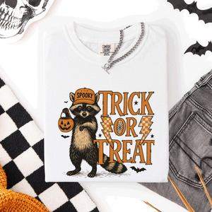 Trick or Treat Raccoon Halloween Mischief With Skeletons Ghosts Cats And Pumpkins Comfort Colors Tee — view 9