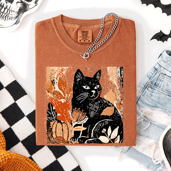 Vintage Black Cat Halloween Autumn Fall Pumpkin Cozy Spooky Nighttime Comfort Colors Tee