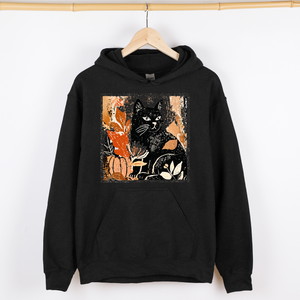 Vintage Black Cat Halloween Pumpkin Motif Retro Style Spooky Feline Night Scene Artwork Graphic Hoodie — view 6
