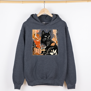 Vintage Black Cat Halloween Pumpkin Motif Retro Style Spooky Feline Night Scene Artwork Graphic Hoodie — view 5