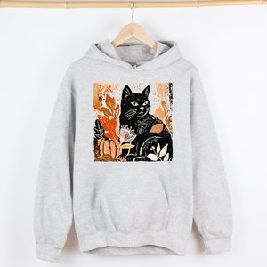 Vintage Black Cat Halloween Pumpkin Motif Retro Style Spooky Feline Night Scene Artwork Graphic Hoodie — view 2