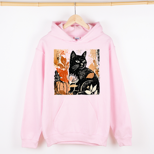 Vintage Black Cat Halloween Pumpkin Motif Retro Style Spooky Feline Night Scene Artwork Graphic Hoodie — view 4