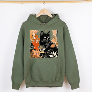 Vintage Black Cat Halloween Pumpkin Motif Retro Style Spooky Feline Night Scene Artwork Graphic Hoodie — view 3