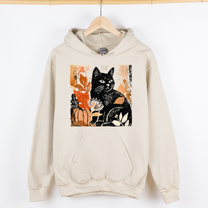 Vintage Black Cat Halloween Pumpkin Motif Retro Style Spooky Feline Night Scene Artwork Graphic Hoodie — view 1