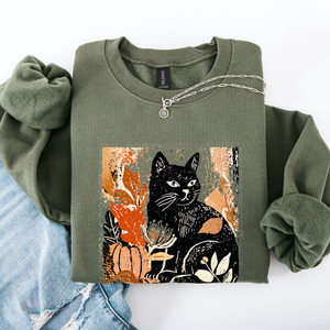 Vintage Black Cat Halloween Autumn Pumpkin Cozy Soft Fleece Vintage Inspired Design Sweatshirt — view 4