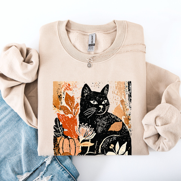 Vintage Black Cat Halloween Autumn Pumpkin Cozy Soft Fleece Vintage Inspired Design Sweatshirt