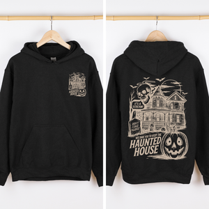 We Dare You To Visit The Haunted House Vintage Inspired Halloween Pumpkin Graphic Hoodie — view 4