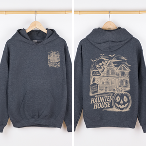We Dare You To Visit The Haunted House Vintage Inspired Halloween Pumpkin Graphic Hoodie — view 6