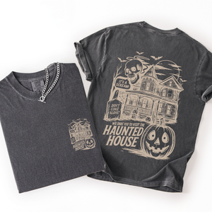 We Dare You To Visit The Haunted House Spooky Halloween Pumpkin Comfort Colors Tee — view 7