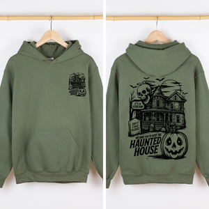 We Dare You To Visit The Haunted House Vintage Inspired Halloween Pumpkin Graphic Hoodie — view 3
