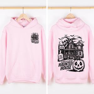 We Dare You To Visit The Haunted House Vintage Inspired Halloween Pumpkin Graphic Hoodie — view 5