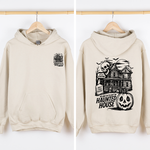 We Dare You To Visit The Haunted House Vintage Inspired Halloween Pumpkin Graphic Hoodie — view 2