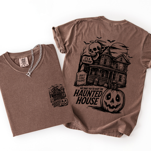 We Dare You To Visit The Haunted House Spooky Halloween Pumpkin Comfort Colors Tee — view 6