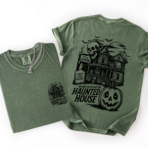 We Dare You To Visit The Haunted House Spooky Halloween Pumpkin Comfort Colors Tee — view 4