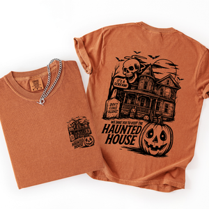 We Dare You To Visit The Haunted House Spooky Halloween Pumpkin Comfort Colors Tee — view 3