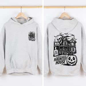 We Dare You To Visit The Haunted House Vintage Inspired Halloween Pumpkin Graphic Hoodie — view 1
