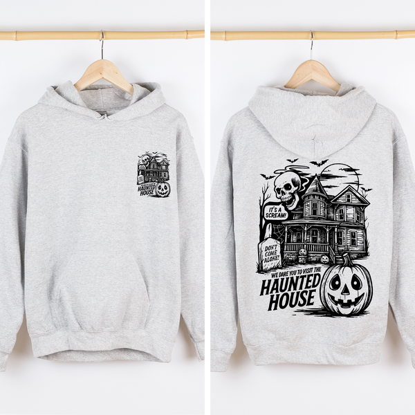 We Dare You To Visit The Haunted House Vintage Inspired Halloween Pumpkin Graphic Hoodie