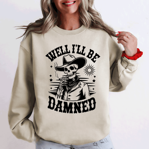 Well I'll Be Damned Skeleton Halloween Cozy Graphic Typography Ornaments Edition Sweatshirt — view 1