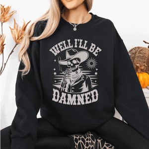 Well I'll Be Damned Skeleton Halloween Cozy Graphic Typography Ornaments Edition Sweatshirt — view 4