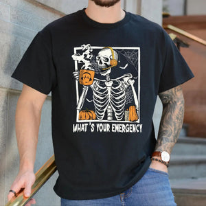 "What's Your Emergency" 911 Dispatcher T-Shirt - Funny Skeleton Halloween Crewneck, Emergency Services Gift — view 1