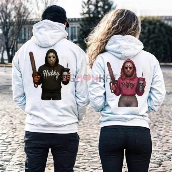 Wifey & Hubby Jason Hoodie – Halloween Couple Outfits, Spooky Horror Movie Shirt, Anniversary Gift