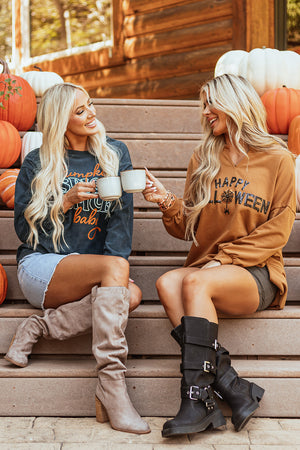 Chestnut Sequin Happy Halloween Graphic Notched Neck Long Sleeve Loose Top — view 7