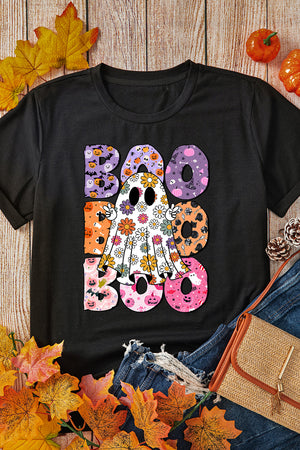 Black BOO Floral Ghost Print Crew Neck Halloween T Shirt — view 6
