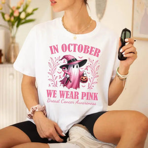 "In October We Wear Pink Ghost" Shirt – Halloween Breast Cancer Awareness Tee, Spooky Season Support Shirt — view 2