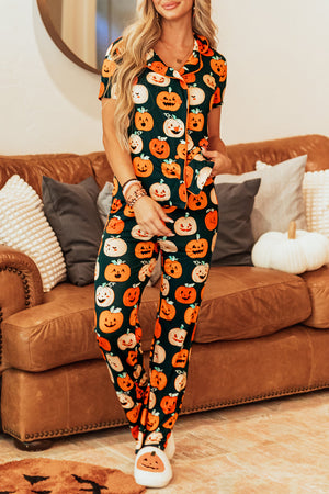 Orange Halloween Pattern Short Sleeve Shirt Pajama Set — view 15