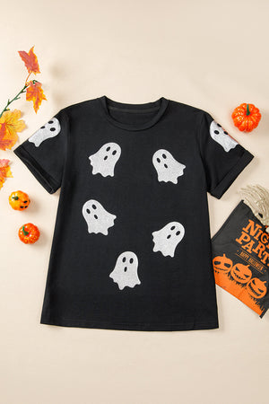 Black Glitter Ghost Pattern Crew Neck Halloween T Shirt — view 7