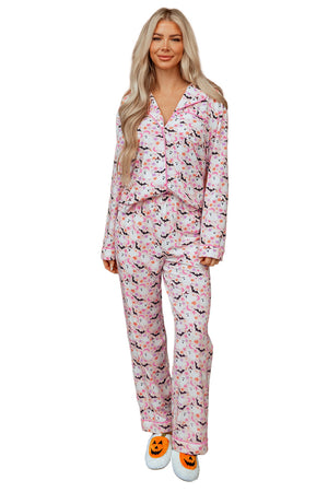 Pink Halloween Eve Haunted Honey Bat Print Pajama Set — view 13