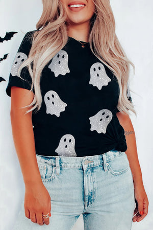 Black Glitter Ghost Pattern Crew Neck Halloween T Shirt — view 1