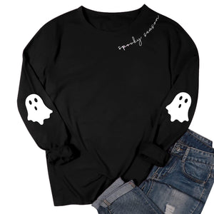 Black Spooky Season Halloween Ghost Printed Drop Shoulder Sweatshirt — view 6
