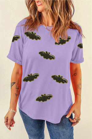 Wisteria Sequin Halloween Bat Patched Casual T Shirt — view 4