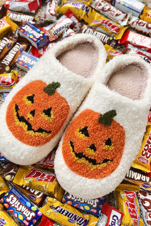 White Halloween Pumpkin Print Plush Slippers (Runs Small, Size Up) — view 5