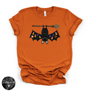 Bat on a Broom Tee | Cute Witchy Halloween Bat Graphic T-Shirt — view 5
