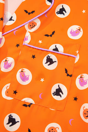 Orange Halloween Print Lapel Shirt Long 2pcs Pajama Set — view 4