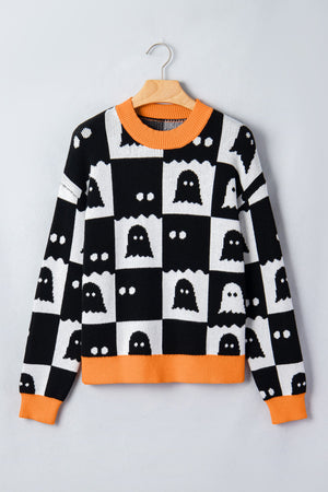 Halloween Ghost Checker High Neck Drop Shoulder Sweater — view 2