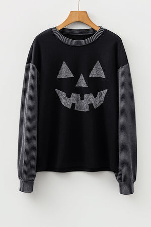 Black Halloween Rhinestone Pumpkin Face Contrast Ribbed Long Sleeve Patchwork Top — view 3