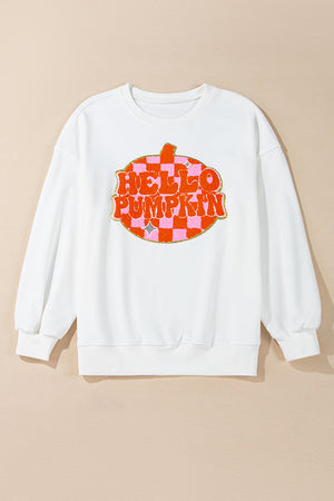 White Terry Halloween Pumpkin Patched Pattern Pullover Sweatshirt — view 15