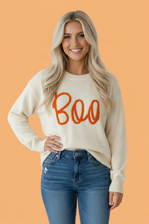 Halloween Boo Drop Shoulder Ribbed Trim Sweater — view 1