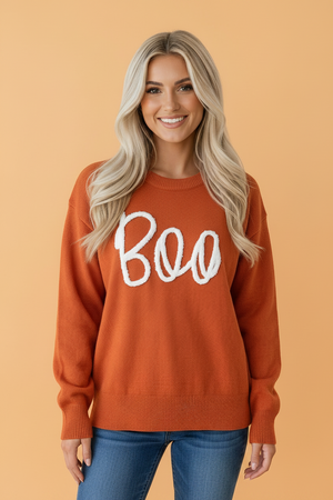 Halloween Boo Drop Shoulder Ribbed Trim Sweater — view 6