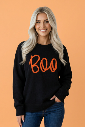 Halloween Boo Drop Shoulder Ribbed Trim Sweater — view 11